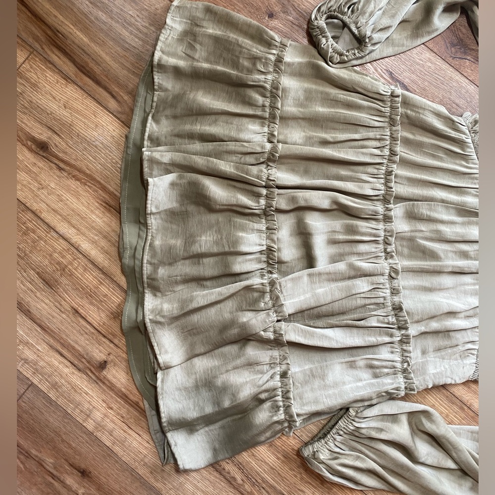 SOLD Lulus Moonstruck Olive Green Satin Tiered Long Sleeve Mini Dress - Picture 6 of 9